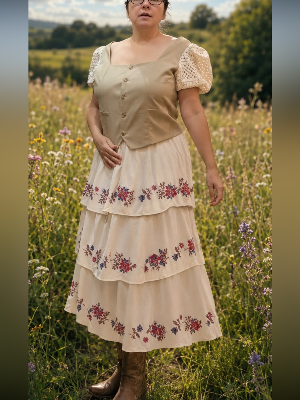Current Air Taupe Button-Front Square Neck Top with Cream Crochet Puff Sleeve XL